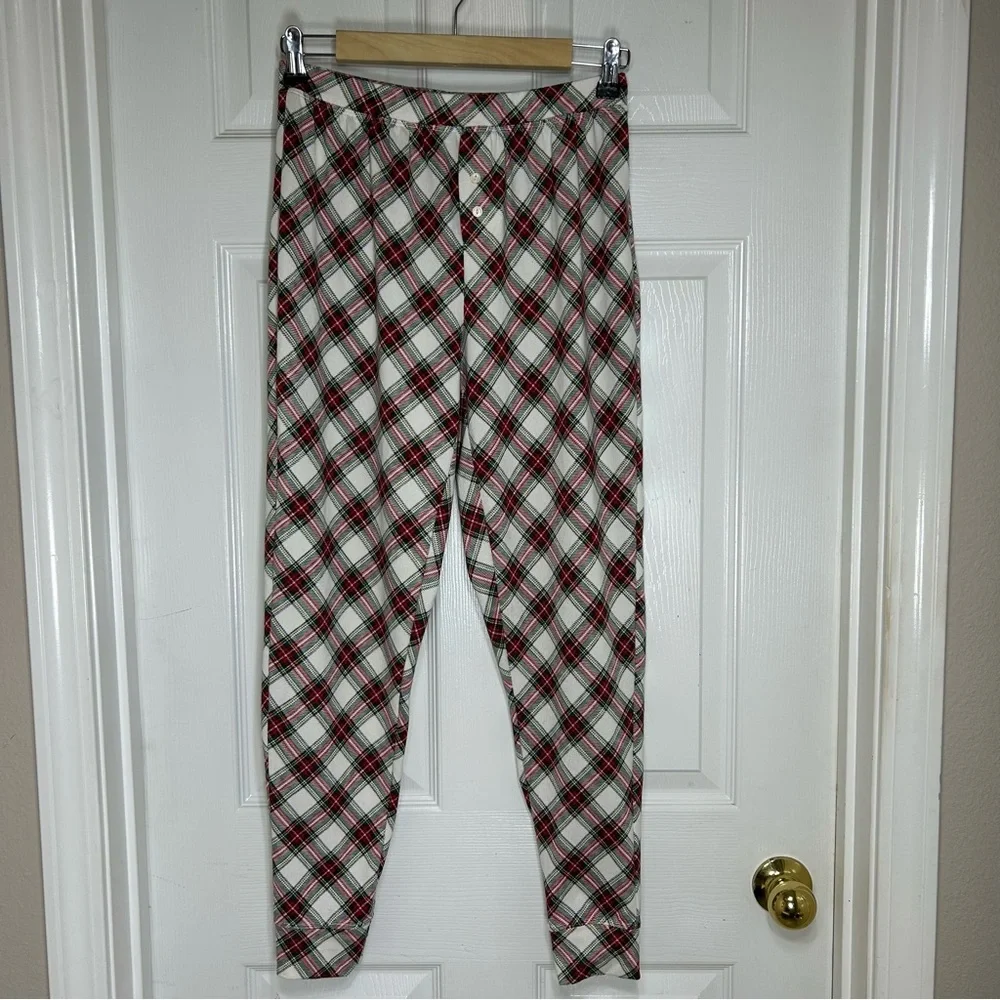 Lauren Ralph Lauren Stretchy Poly White Red Green Plaid Holidays Pajama Set S